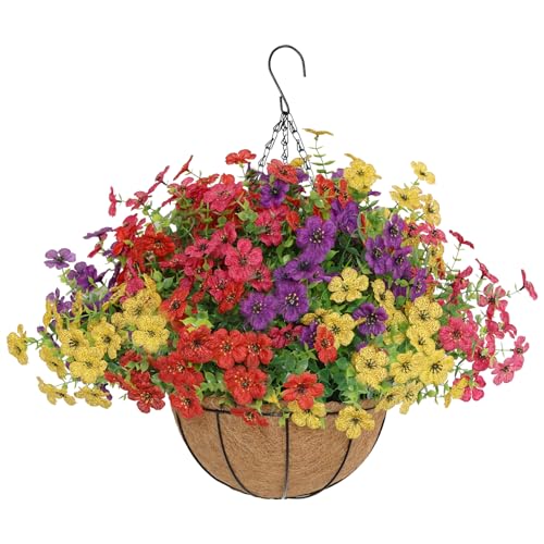 Senjie 12 Bundles Artificial Hanging Flowers with Basket for Outdoor Decor, UV Resistant Faux Flowers Fake Hanging Planter for Porch Patio Balcony - color: Mix 4 Color