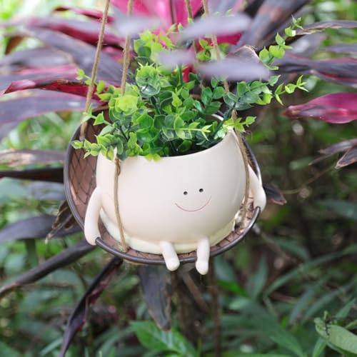 bestbear Hanging Swing Chair Planter Pot Resin Smiley Face Planter for Indoor Outdoor Plant Cute Head Flower Pots for String of Pearls Plant Live Unique IdeaI for Mother Day, Christmas (Large) - size: Large