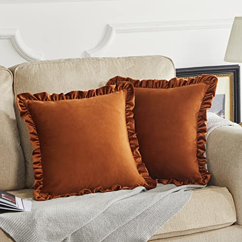 GIGIZAZA Burnt Orange Decorative Throw Pillow Covers, 18x18 Velvet Ruffle Cushion Pillow Covers for Sofa Couch Set of 2 - color: Burnt Orange, size: 18" x 18" (Pack of 2)