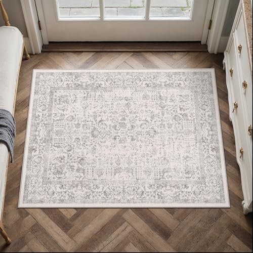 PureCozy Gray Entryway Area Rug 2x3 Door Mat Machine Washable Kitchen Vintage Distressed Non Slip Carpet Indoor Grey Retro Floral Accent Throw Small Rug for Bathroom Office Bedroom Dining Living Room - color: Accent | Grey, size: 2' x 3' (Rectangular)