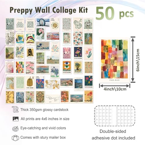 KBKBART Eclectic Wall Decor, 50Pcs Eclectic Wall Art Prints, Colorful Maximalist Decor Boho Gallery Wall Collage Kit, Vintage Famous Artists Painting Pictures Aesthetic Poster for Funky Room Decor, Home Decor for Bedroom Dorm - color: Eclectic, size: 4x6
