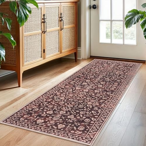 Vintage Washable 2x5 Rug Runner, Burgundy Runners for hallways, Super Soft Kitchen Runner Rug Non Slip, Print Faux Wool Floral Thin Carpet Runner for Entryway Indoor Bedroom - color: Warm Burgundy Brown, size: 2' x 5' (Runner)