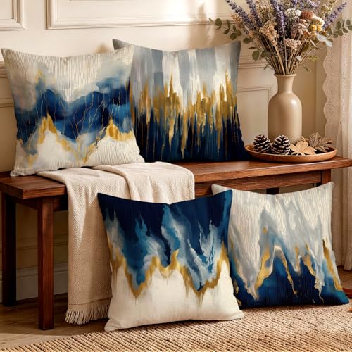 OBSEDE Blue and Gold Abstract Art Decorative Throw Pillow Covers 18 × 18 in, Set of 4, Couch Cushion Cases Inserts for Sofa Bed Living Room Home Decor, Single-Sided Print - color: Blue and Gold Abstract Art, size: 18" x 18" (Pack of 4)