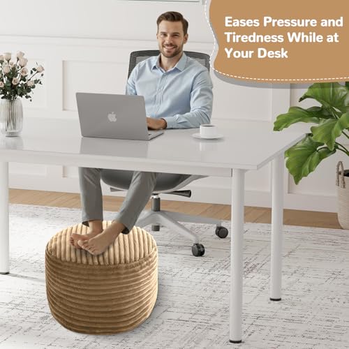 MeMoreCool Stuffed Round Pouf Ottoman Foot Rest, Soft Plush Floor Pouf Foot Stool, Corduray Footstool Footrest, Small Round Ottoman for Living Room Couch Sofa Chair, 20x15 Inch Coffee - color: Ribbed Coffee