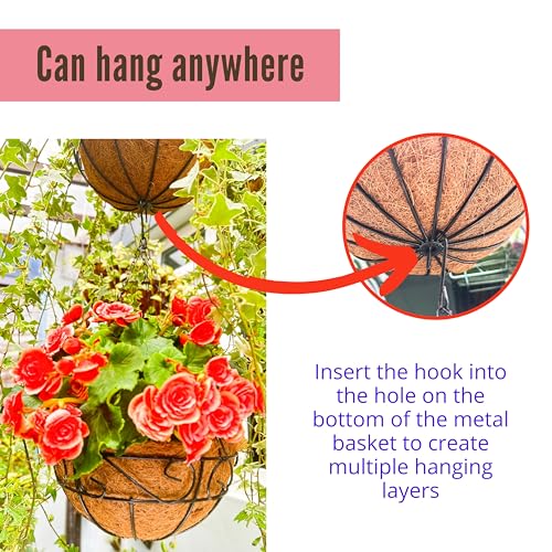 LaLaGreen Hanging Planter for Outdoor Plants (14 Inch, 2 Pack) Black Hanging Baskets with Coco Liner, Metal Wire Flower Basket Pots with Hook Hanger Balcony Porch Farmhouse Country Style Garden Decor - size: 14" x 2 Pack