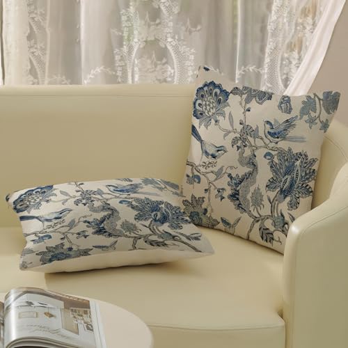Chinoiserie Pillow Covers 16x16 Inch 2 Pcs Spring Navy Blue Floral Birds Decor Throw Pillows Vintage Flower Seasonal Outdoor Indoor Decoration Pillowcase Linen Cushion Cover for Couch Sofa Bed - color: Navy Blue Floral Birds, size: 16" x 16" (Pack of 2)
