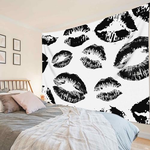 SCECALA Black and White Kiss Lips Tapestry Modern Fashion Makeup Wall Art Tapestry Vintage Fashion Aesthetic Wall Hanging for Girls Bedroom College Dorm Makeup Room Home Decor 80x60 Inch - color: Black, size: 60"L x 80"W