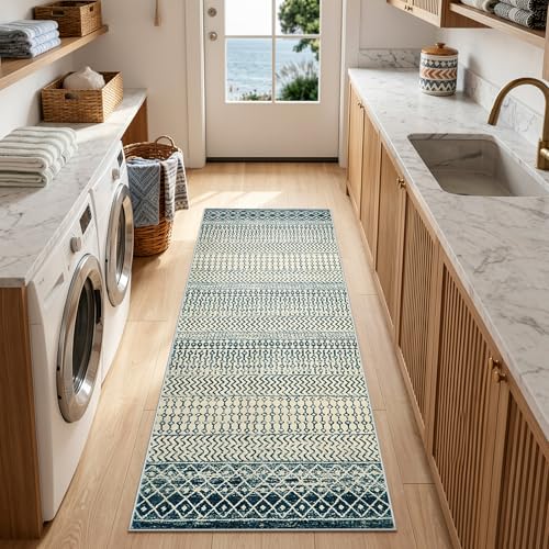 Moroccan Kitchen Runner Rug, 2x6 Non Slip Vintage Blue Rug for Kitchen Floor, Soft Low-Pile Washable Laundry Room Rug Indoor Floor Throw Carpet for Doorway Hallway Bedside Bathroom - color: Royal Blue, size: 2' x 6' (Runner)