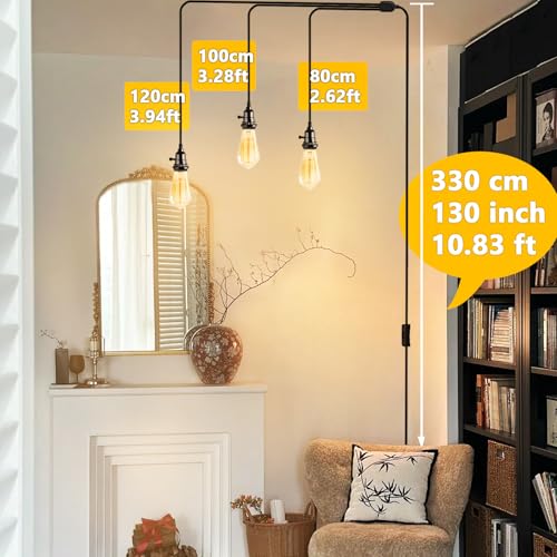DITEDY 3-Light Plug in Pendant Light Kit, Hanging Lights with Plug in Cord 21FT Hanging Lamp Cord with On/Off Switch, DIY Vintage Black Pendant Lamp E26 Socket for Bedroom Kitchen Island