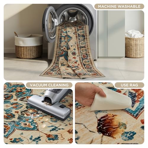 Joydeco 8x10 Area Rugs for Living Room, Non Slip Machine Washable Vintage Rug, Low Pile Chenille Print Rugs for Bedroom, Dining Room, Home Office, Pet & Child Friendly, Beige & Blue & Reddish-Brown - color: Beige&blue&reddish-brown, size: 8' x 10' (Rectan