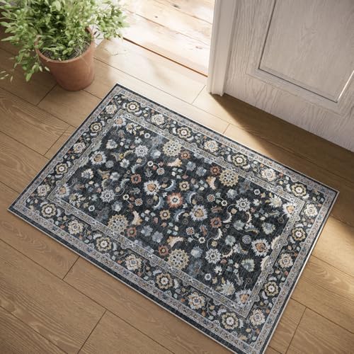 Washable Small Area Rugs for Kitchen: Door Mat Indoor Entrance 2x3 Throw Rug Stain Resistant Non-Slip Low Pile Soft Carpets for Entryway Front Door Indoor Entrance Entry Bedroom - color: Black, size: 2' x 3' (Rectangular)