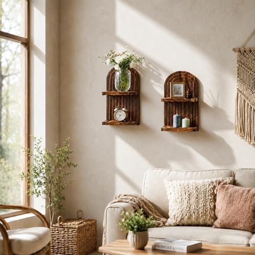 Artilady Boho Arched Shelf Wall Decor 2- Tier Wood Floating Shelves Farmhouse Mid Century Plant Holder for Bedroom Living Room Bathroom (Dark Brown 2 Tier) - color: Dark Brown 2 Tier