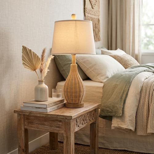 Hamilyeah 23" Farmhouse Table Lamps Set of 2 with Bulbs Included, Boho Bedside Lamps with Fabric Shade, Natural Woven Rattan Nightstand Lamps for Bedroom, Living Room, Large Spaces - color: wooden color