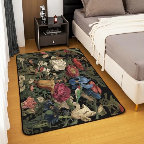 Erosebridal Vintage Floral Area Rug 6'6" x 4'11" Boho Leaves Living Room Rugs Dark Rose Red Green Decorative Carpet Nature Wild Botanical Indoor Floor Mat - color: Black Red Green, size: 4'11" x 6'6" (Rectangular)