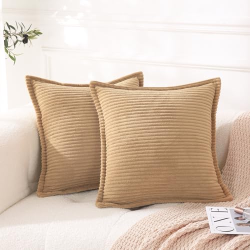 Corduroy Beige Throw Pillow Covers Set of 2 Striped Boho Decorative with Edge Design,Super Soft Khaki Throw Pillow Cushion Covers for Couch Sofa Living Room Solid Square 18×18inch,Light Brown - color: Beige, size: 18" x 18" (Pack of 2)