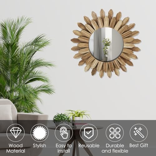 Mirror Wall Decor 12 inch Boho Mirror Home Decor Rustic Round Wood Mirror Wall Mirror Decorative Sunburst Mirror Boho Mirror Home Wall Decor Farmhouse Wall Decor for Bedroom Living Room Entryway