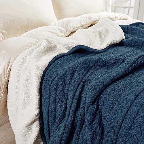 Longhui bedding Acrylic Cable Knit Sherpa Throw Blanket - Thick, Soft, Big, Cozy Grey Blue Knitted Fleece Blankets for Couch, Sofa, Bed - Large 50 x 63 Inches Gray Blue Coverlet All Season - color: Grey Blue, size: 50" x 63", Standard