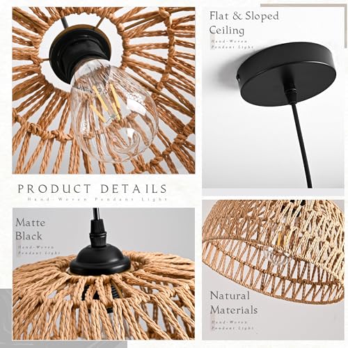 2 Pack Hemp Rope Woven Pendant Light Woven Light Fixture Boho Chandelier Light Fixture Wicker Pendant Lights Rattan Dome Wicker Chandelier for Dining Room Kitchen Island (Bulb Incl. - color: 12.2" Natural 2-Pack