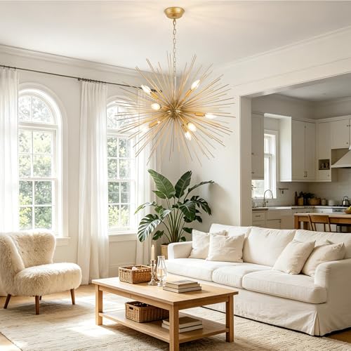 Modern 28.34" Gold Sputnik Chandelier 9-Light Mid-Century Starburst Chandeliers Solid Metal Satellite Firework Urchin Light Fixture for High Ceilings Dining Room Kitchen Living Room, E12 - color: Golden 28.34" 9-Light