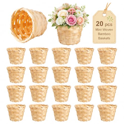 20pcs Small Baskets, Mini Woven Bamboo Basket, Desktop Small Flower Pot Wicker Basket Pencil Holder for Home Office Table Storage Party Favors Crafts Decor, 3.54 x 2.95 inch
