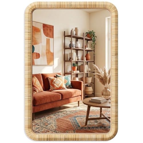 Barnyard Designs Rattan Wall Mirror, Rectangular Farmhouse Boho Accent for Bathroom, Entryway or Bedroom, Woven Natural Honey Rattan Frame (20" × 30", Rectangular) - size: 30"L x 20"W