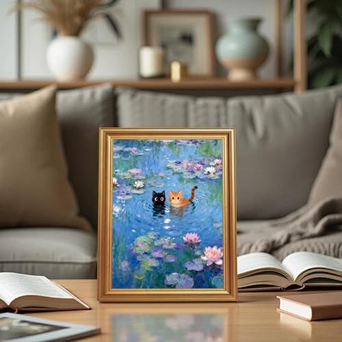 ICHZUMW Gold Framed Funny Cat Canvas Wall Art, Monet Style Water Lily Painting with Black and Orange Cats, Whimsical Animal Wall Decor, Ready to Hang for Bedroom Living Room Bathroom, 8x10in - color: Monet’s Garden Cats, size: 10"L x 8"W