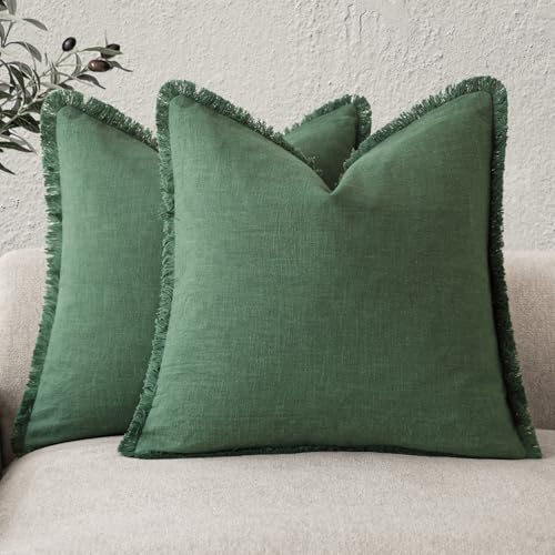 Foindtower Set of 2 Decorative Linen Fringe Throw Pillow Covers Cozy Boho Farmhouse Cushion Cover with Tassels Soft Accent Pillowcase for Couch Sofa Bed Living Room Home Decor, 16×16 Inch, Pine Green - color: Abundant Green, size: 16" x 16" (Pack of 2)