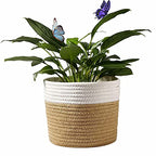 Cotton Rope Plant Basket Modern Hand Woven Planter for 8 Inch Flower Pot Floor Indoor Planters Foldable Storage Organizer Basket Rustic Home Decor White Stitching Khaki W 8.5" x H 7.5"