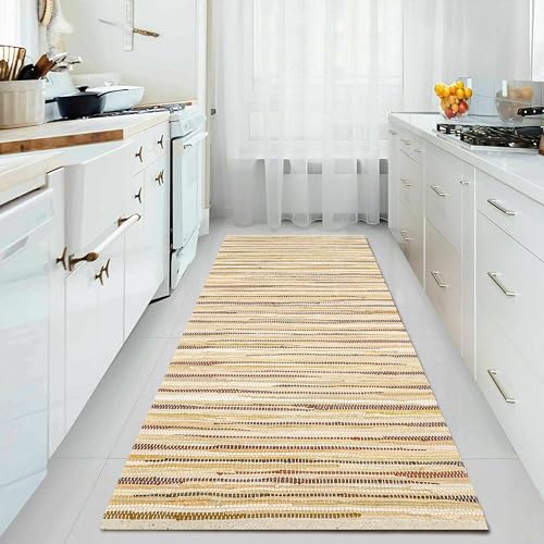 Cotton Hand Woven Chindi Runner Rug 2x6 Feet - Beige, Lightweight Decorative Soft Throw Indoor Floor Rag Rugs Ideal for Hallways, Kitchen, Bedroom | Linen Soft Braided Textured Carpet for Office Décor - color: Beige, size: 2' x 6' (Runner)