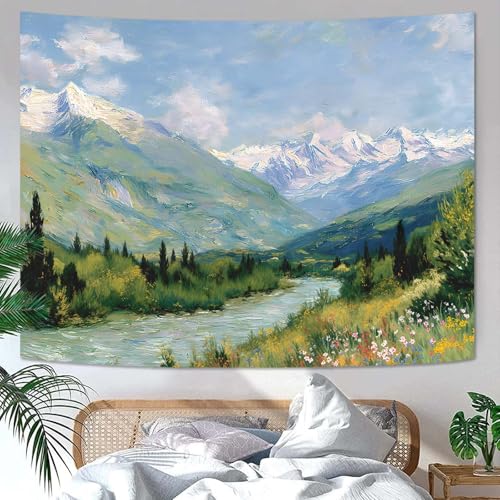 Yeoiat Tapestry Alpine Mountain River Landscape Oil Painting Wall Art Artistic Hand-Painted Look Fine Art Meadow Flowers Decor 60"x44" - color: Green Blue White, size: 60"L x 44"W