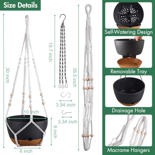 Set of 2-10 Inch Hanging Planters for Indoor Plants with Self-Watering Includes Hanging Pots for Plants, Outdoor Hanging Plant Pot with Drainage, and 2 Types of Hanging Baskets Hangers (Black, 10inch) - color: Black, size: 10inch