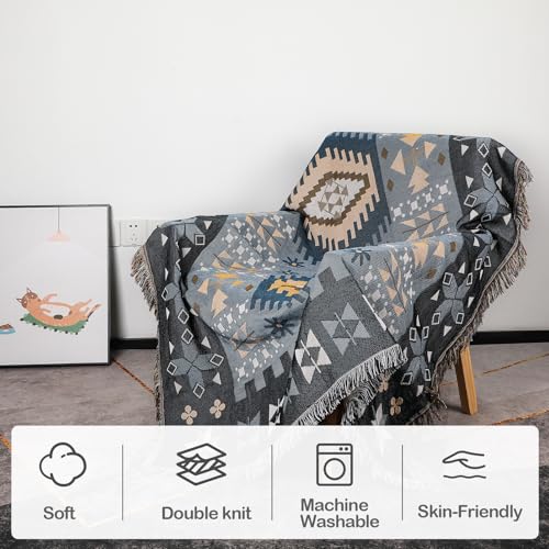Snycler Boho Throw Blanket for Bed 50 * 60inch Woven Blanket Cotton Polyester Farmhouse Decor for Indoor Outdoor Sofa Bedroom Garden，All Season(Blue) - color: Blue