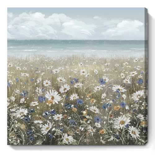 Canvas Wall Art Beach Floral Wall Picture Coastal Boho Farmhouse Daisy Flowers Nautical Sea Ocean Wildflowers Canvas Print Vintage Artwork for Small Rustic Bathroom Bedroom Living Room Office Décor - color: Coastal Flower Sea Art, size: 13"L x 13"W