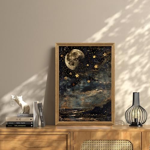 ICHZUMW Moon and Stars Celestial Canvas Wall Art, Mystical Moody Night Sky Poster Prints, Vintage Witchy Dark Academia Wall Decor, Framed Eclectic Gothic Home Decor for Desk Bedroom Bathroom, 16x24in - color: Moonlit Stars, size: 24"L x 16"W