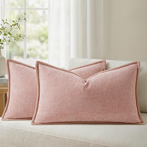 a moment Pack of 2 Decorative Chenille Throw Pillow Covers with Twill Cushion Covers for Sofa Living Room Couch Bed 20x12 Inch,Crafted Border Blush Pink - color: 1.crafted Border Blush Pink, size: 20" x 12" (Pack of 2)