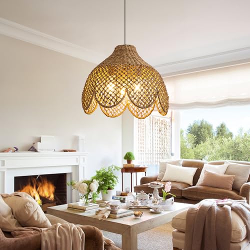 Rattan Pendant Light Fixtures,18.11" Boho Seagrass Pendant Light,3-Light Hand Woven Water Plants Rattan Chandelier for Dining Living Bedroom Kitchen Farmhouse - color: Black, size: 18.11" 3-Light