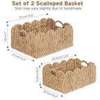 iEGrow Scalloped Wicker Basket, Set of 2 Woven Rattan Natural Water Hyacinth Baskets with Built-in Handles, Rectangle Storage Baskets for Organizing, Decor, Shelf and Nursery Room - size: Rectangle