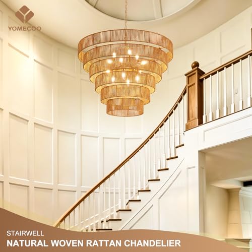 31.49" Large Rattan Gold Chandelier for Dining Room, Farmhouse 12-Lights Boho Hand-Woven Bamboo Chandelier, Drum Wicker Golden Chandeliers for Kitchen Island, Living Room, Bedroom - color: Gold 31IN