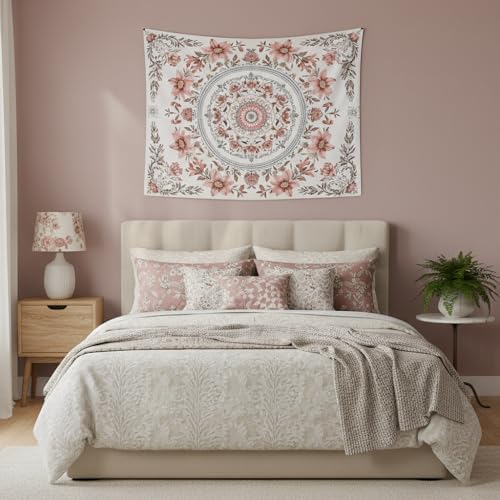 Motanber Pink Floral Tapestry Wall Hanging Boho Mandala Medallion Tapestry Aesthetic Watercolor Flower Cute Small Tapestries for Bedroom Living Room Dorm Decor 48 x 36 Inch - color: Light Pink, size: 48"L x 36"W