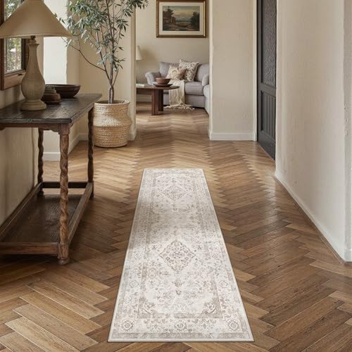 PureCozy Beige 2x6 Runner Rug for Hallway Washable Neutral Vintage Floral Medallion Soft Long Carpet Low Pile Non Slip Distressed Indoor Doormat for Kitchen Laundry Dining Living Room - color: Beige, size: 2' x 6' (Runner)