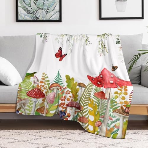 Rustic Mushroom Blanket,Vintage Green Nature Rustic Plant Leaf Flower Butterfly Print Blanket for Couch Sofa Bed Decorative Gifts 30x40 - color: Blanket-1, size: 30"x40"