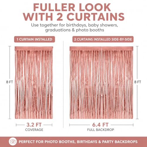 2 Pack Rose Gold Fringe Curtain Backdrop, Metallic Foil Streamers 3.2 x 6.4 FT, Tinsel Photo Booth Backdrop for Birthday, Baby Shower, Bachelorette, Graduation, Wedding Party Decorations - color: Rose Gold