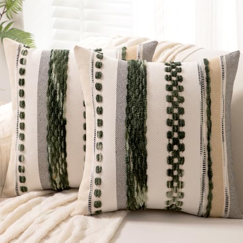 Boho Throw Pillow Covers 18x18 Set of 2 Christmas Decorative Cushion Case Striped Square Pillows Cover Chenille Pillow Cases Accent Neutral Pillowcase for Sofa Couch Bed,Dark Green - color: Dark Green Stripe