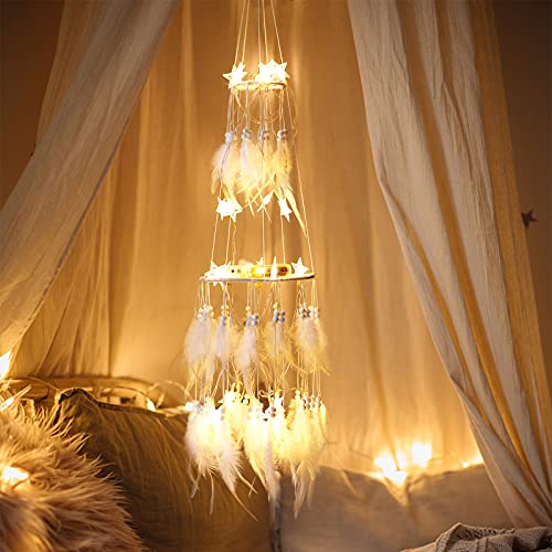 Dremisland Double Circle White Feather Dream Catcher with Mobile LED Fairy Lights Wall Hanging Ornaments Ceiling Decor for Bedroom Decor Wedding Decorations Boho Chic Party Nursery Decor