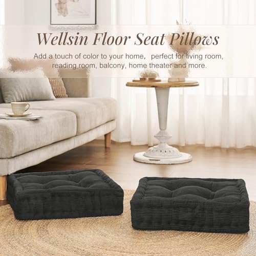 Wellsin Square Floor Pillows for Adults Kids - Meditation Floor Pillow Seating Cushion - Tufted Floor Cushion with Shredded Foam & Velvet Cover, 2 Pack, 20x20 Inch, Gray
