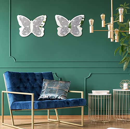 Vesici 2 Pieces Butterfly Shaped Mirror Crystal Crushed Diamond Silver Mirror Silver Wall Decor for Living Room Modern Decorative Artwork for Nursery Wedding Decor(11.8 x 8.8 Inch) - size: 11.8 x 8.8 Inch