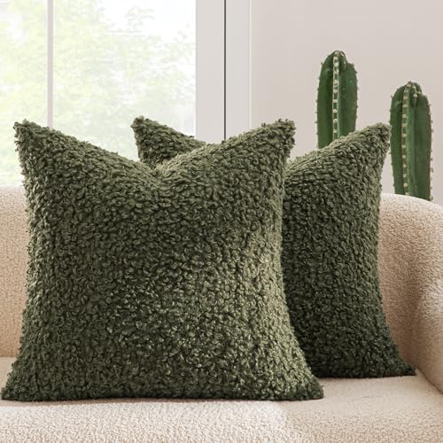 MIULEE Pack of 2 Throw Pillow Covers 18x18 Inch Olive Green Faux Fur Decorative Sherpa Spring Pillow Covers Fuzzy Accent Soft Sheepskin Fleece Cushion Cases for Boho Home Decor Couch Living Room Bed - color: Olive Green, size: 18" x 18" (Pack of 2)