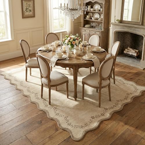 GarveeHome 5x7 Scalloped Area Rug Tan Jute Washable Rugs for Living Room Bedroom, Soft Low Pile Non Slip Neutral Floor Mat Solid Floral Print Throw Rug Farmhouse Indoor Carpet for Dorm Playroom - color: Jute, size: 5' x 7' (Rectangular)