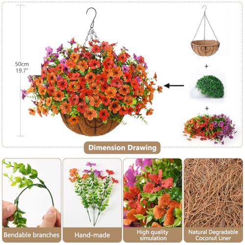 ZFProcess Artificial Faux Hanging Plants Flowers Basket for Spring Outdoor Decoration, Fake Silk Daisy in Planter Realistic UV Resistant Look Real for Porch Home Patio Balcony Yard(Purple Orange red) - color: Purple Orange Red