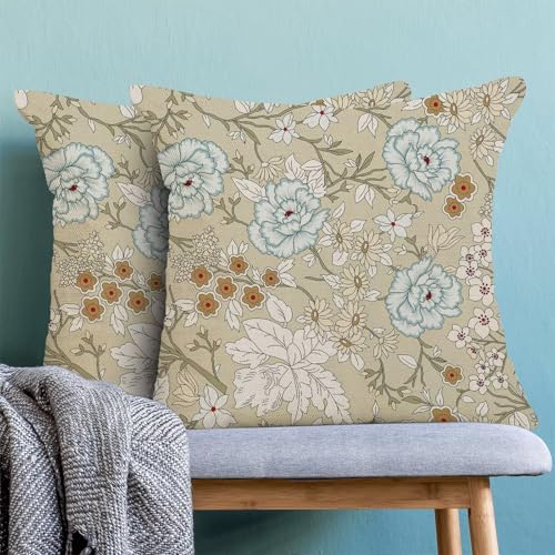 Spring Floral Throw Pillow Covers 18x18 Set of 2, Pattern on Brown Decorative Pillow Covers Daisy Flowers Print Linen Outdoor Cushion Cover Colourful Floral Pillowcase for Sofa Couch Farmhouse - color: Spring Flower3, size: 18" x 18" (Pack of 2)